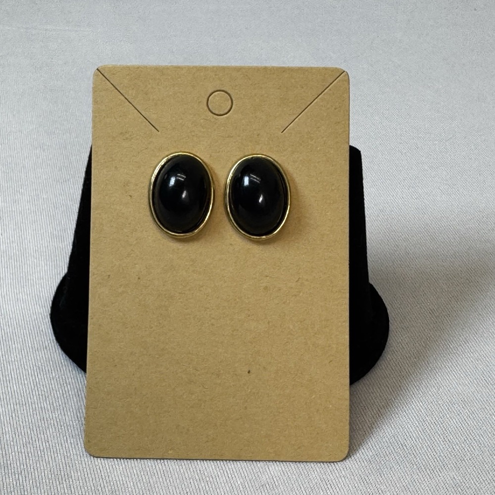 Vintage Gold Tone Oval Black Cabochon Pierced Earring